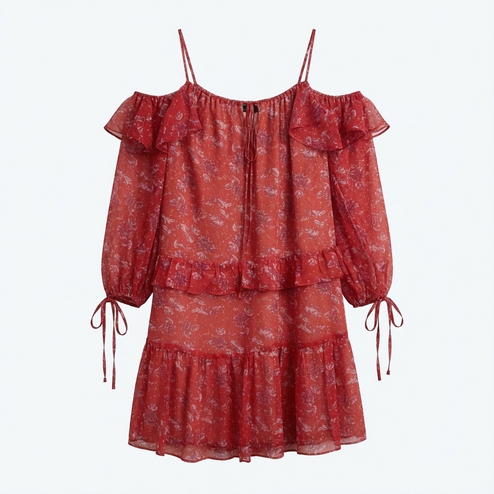 Adelyn Rae Floral Off Shoulder Dress Womens Large Coral Ruffle Boho Mini NWOT